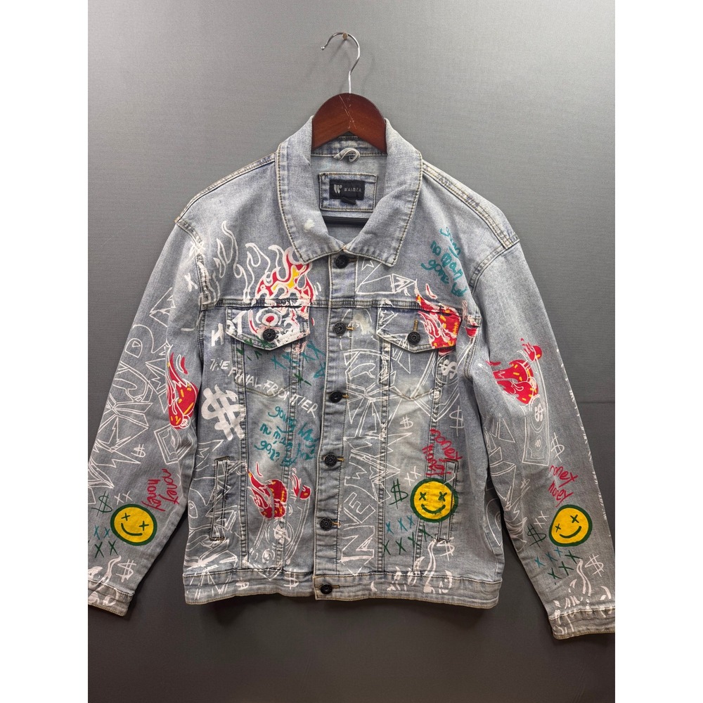 Waimea Denim Jacket Mens Light Blue Graffiti Print Streetwear Large